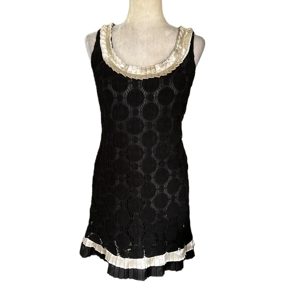 Anthro Nick & Mo Vintage Black Crochet Knit Cream Satin Ruffle Mini Slip Dress S